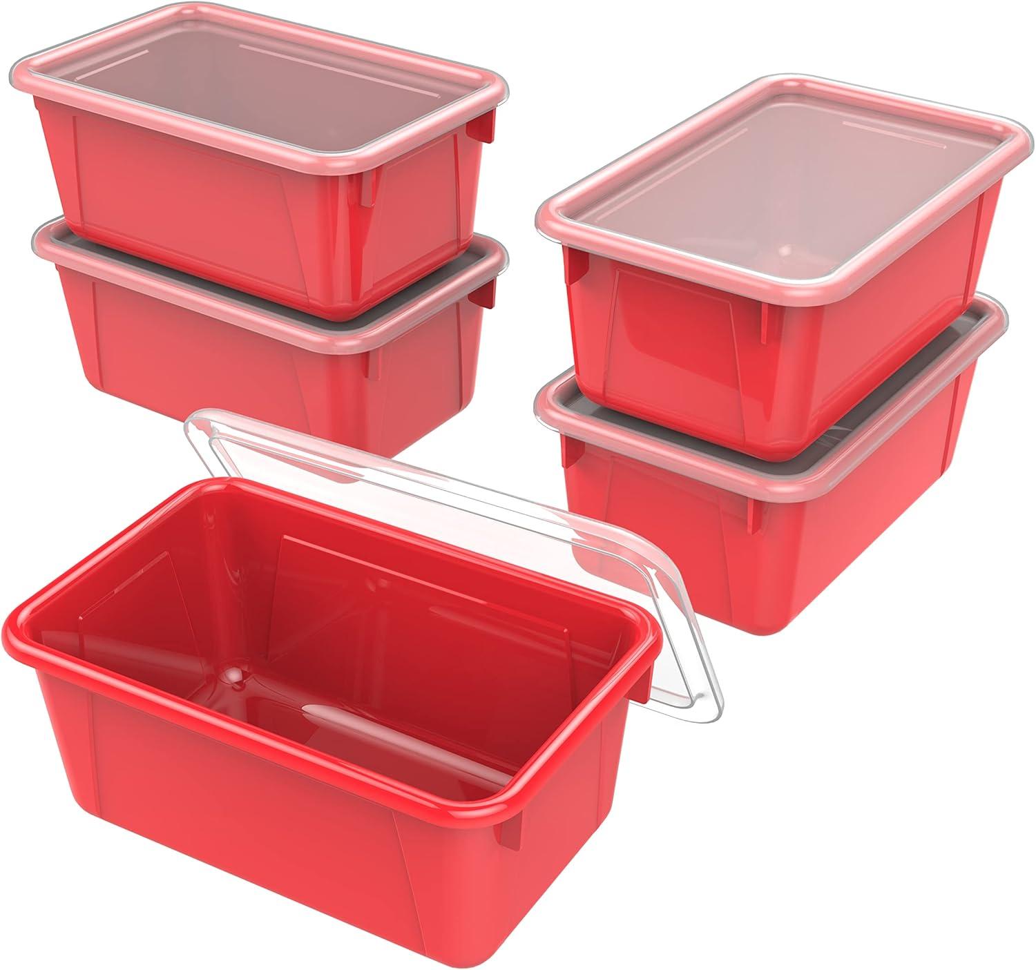 imageStorex Small Cubby Bins Plastic Storage Containers for Classroom with NonSnap Lid 122 x 78 x 51 inches Red 62407U05C Pack of 5Red