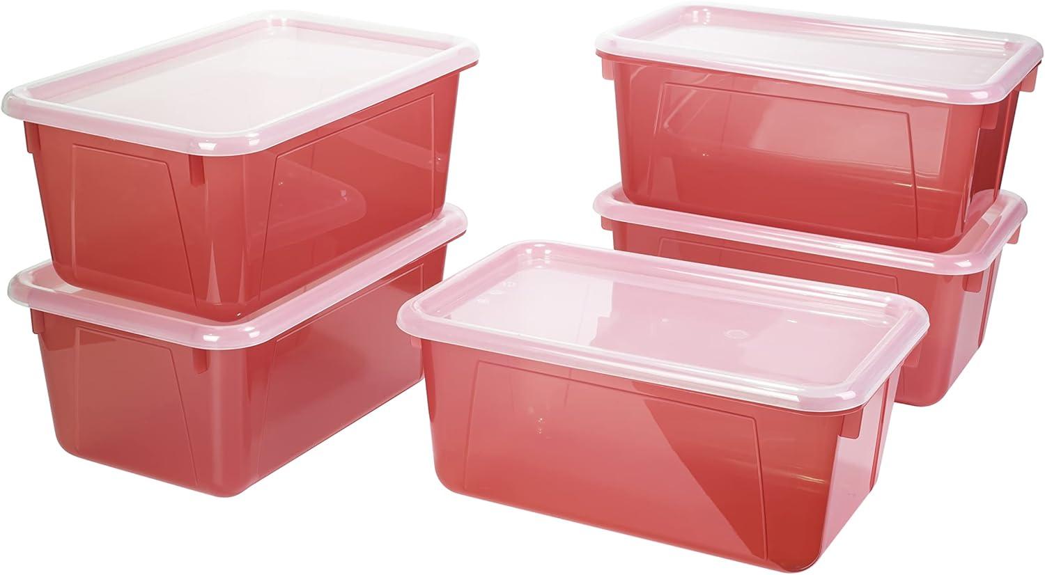 imageStorex Small Cubby Bins Plastic Storage Containers for Classroom with NonSnap Lid 122 x 78 x 51 inches Red 62407U05C Pack of 5Tint Red