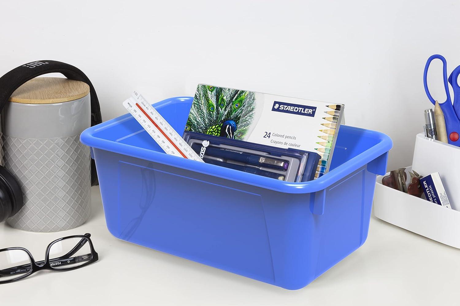 imageStorex Small Cubby Bins Plastic Storage Containers for Classroom with NonSnap Lid 122 x 78 x 51 inches Translucent 5Pack 62436U05CClass Blue