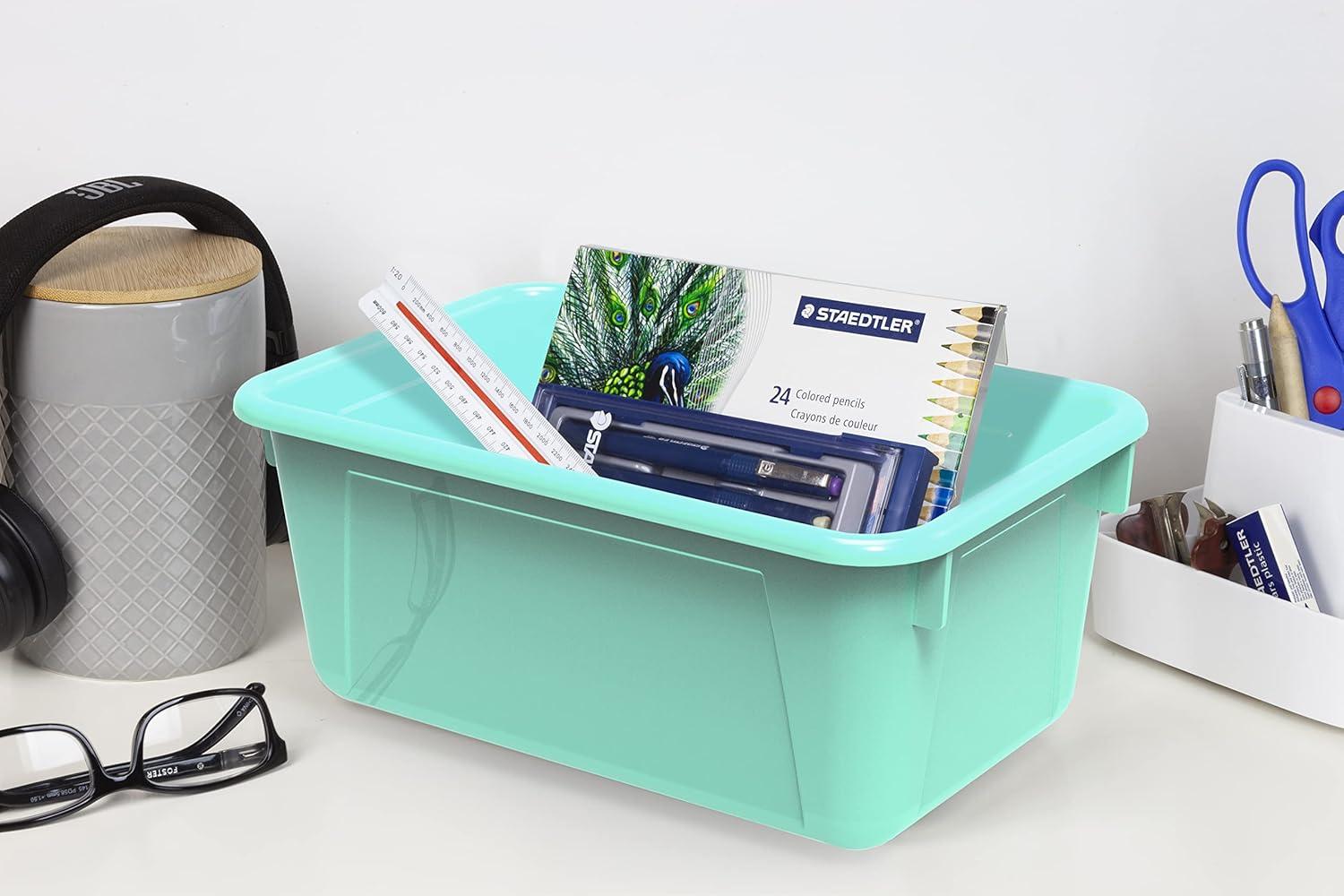 imageStorex Small Cubby Bins Plastic Storage Containers for Classroom with NonSnap Lid 122 x 78 x 51 inches Translucent 5Pack 62436U05CClass Teal