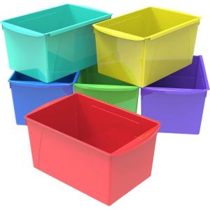 Storex Extra-Large Book Bin, Interlocking Plastic Organizer for Home, Office and Classroom, Assorted Colors, (71126E06C) (Pack of 6)(Assorted)