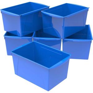 Storex Extra-Large Book Bin, Interlocking Plastic Organizer for Home, Office and Classroom, Assorted Colors, (71126E06C) (Pack of 6)(Blue)