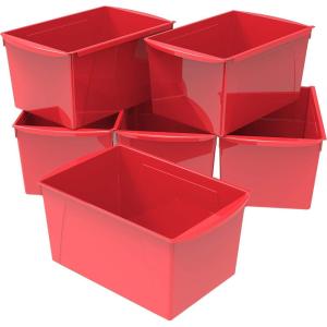 Storex Extra-Large Book Bin, Interlocking Plastic Organizer for Home, Office and Classroom, Assorted Colors, (71126E06C) (Pack of 6)(Red)