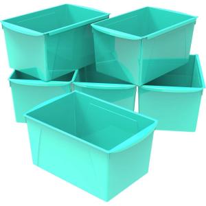 Storex Extra-Large Book Bin, Interlocking Plastic Organizer for Home, Office and Classroom, Assorted Colors, (71126E06C) (Pack of 6)(Teal)