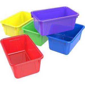 Storex Small Cubby Bins – Plastic Storage Containers for Classroom with Non-Snap Lid, 12.2 x 7.8 x 5.1 inches, Red, (62407U05C) (Pack of 5)(Assorted Primary Colors)