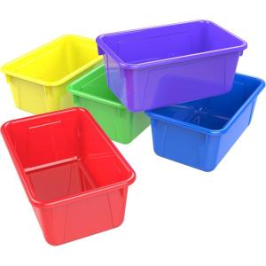 Storex Small Cubby Bins – Plastic Storage Containers for Classroom with Non-Snap Lid, 12.2 x 7.8 x 5.1 inches, Translucent, 5-Pack (62436U05C)(Assorted Primary)