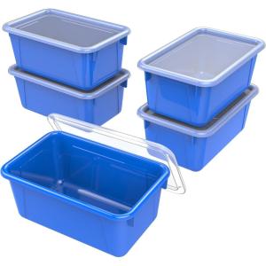 Storex Small Cubby Bins – Plastic Storage Containers for Classroom with Non-Snap Lid, 12.2 x 7.8 x 5.1 inches, Translucent, 5-Pack (62436U05C)(Blue)