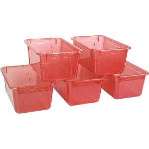 Storex Small Cubby Bins – Plastic Storage Containers for Classroom with Non-Snap Lid, 12.2 x 7.8 x 5.1 inches, Translucent, 5-Pack (62436U05C)(Candy Red)