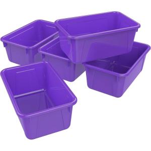 Storex Small Cubby Bins – Plastic Storage Containers for Classroom with Non-Snap Lid, 12.2 x 7.8 x 5.1 inches, Translucent, 5-Pack (62436U05C)(Class Purple)
