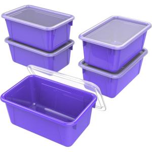 Storex Small Cubby Bins – Plastic Storage Containers for Classroom with Non-Snap Lid, 12.2 x 7.8 x 5.1 inches, Translucent, 5-Pack (62436U05C)(Purple)