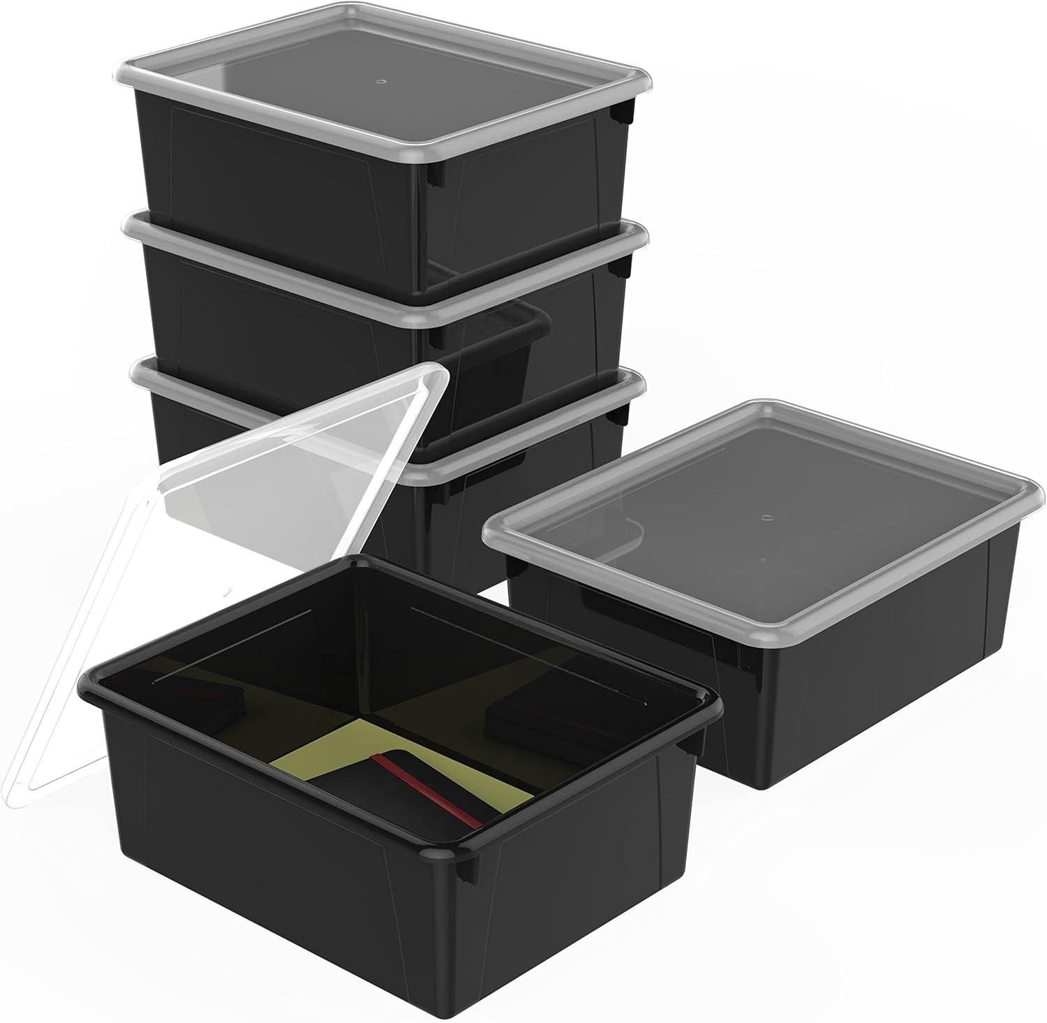 imageStorex Letter Size Deep Storage Tray Organizer Bin with NonSnap Lid for Classroom Office and Home Black 5Pack 62543U05C