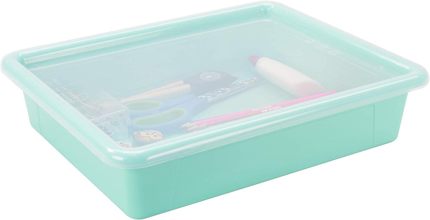 imageStorex Letter Size Flat Storage Tray Organizer Bin with NonSnap Lid for Classroom Office and Home Teal 5Pack 62541U05C