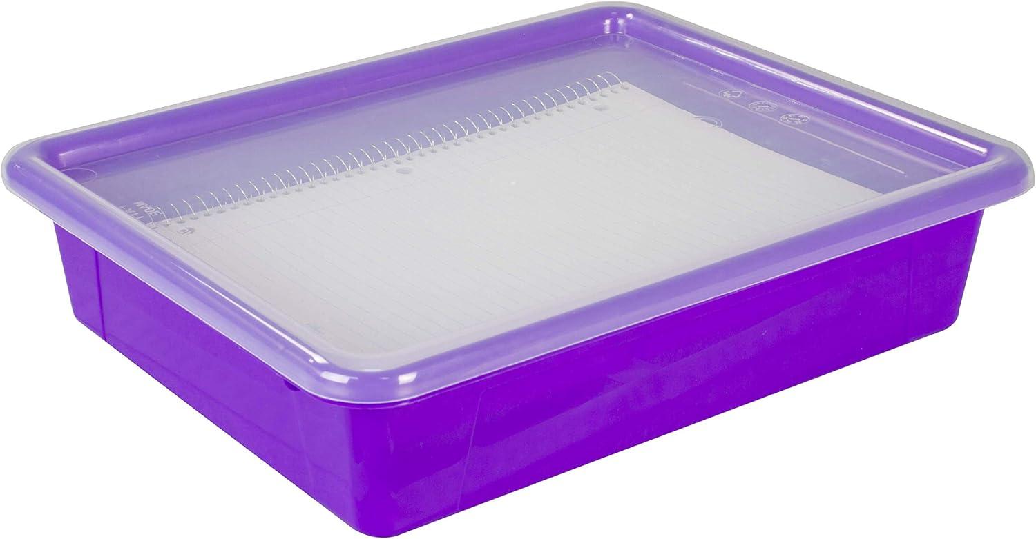 imageStorex Letter Size Flat Storage Tray Organizer Bin with NonSnap Lid for Classroom Office and Home Violet 5Pack 62540U05C