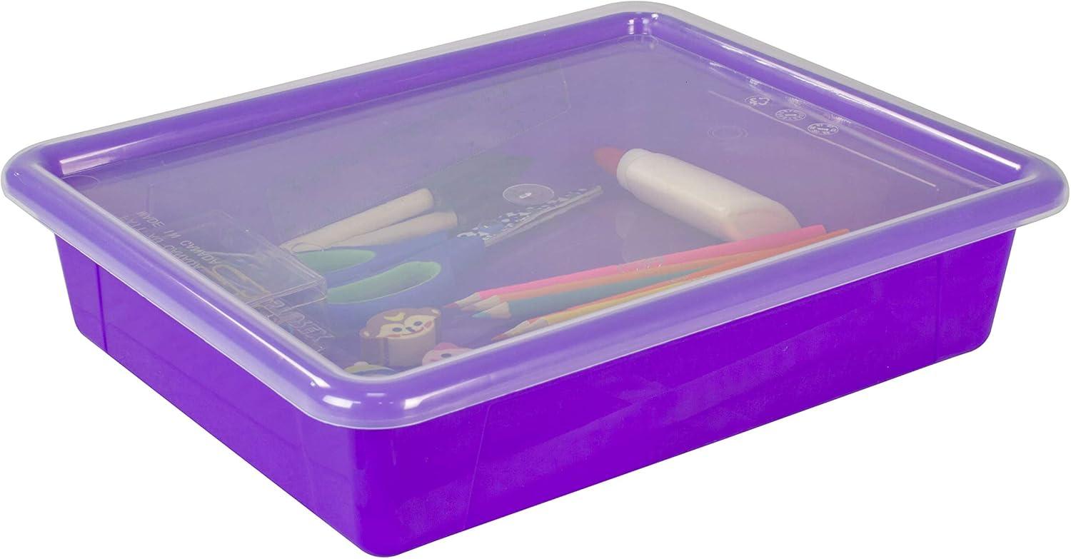 imageStorex Letter Size Flat Storage Tray Organizer Bin with NonSnap Lid for Classroom Office and Home Violet 5Pack 62540U05C