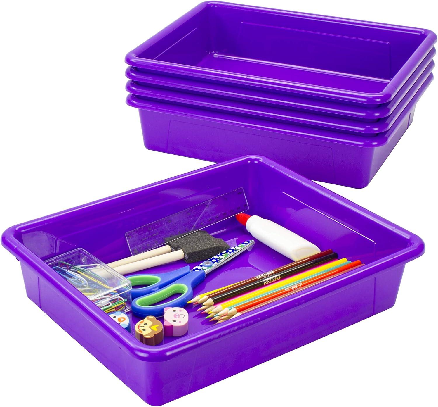 imageStorex Letter Size Flat Storage Tray Organizer Bin with NonSnap Lid for Classroom Office and Home Violet 5Pack 62540U05C