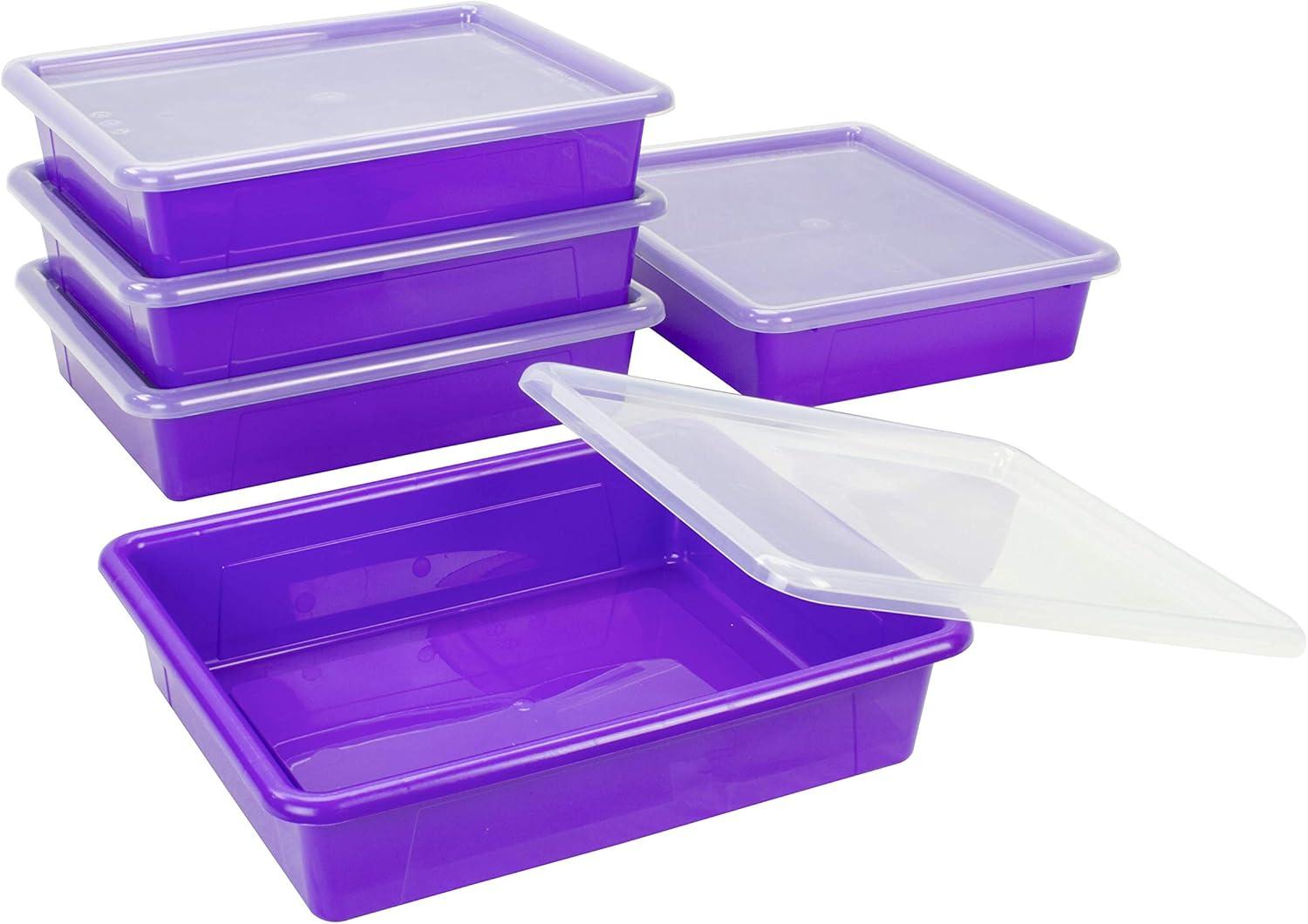 imageStorex Letter Size Flat Storage Tray Organizer Bin with NonSnap Lid for Classroom Office and Home Violet 5Pack 62540U05C