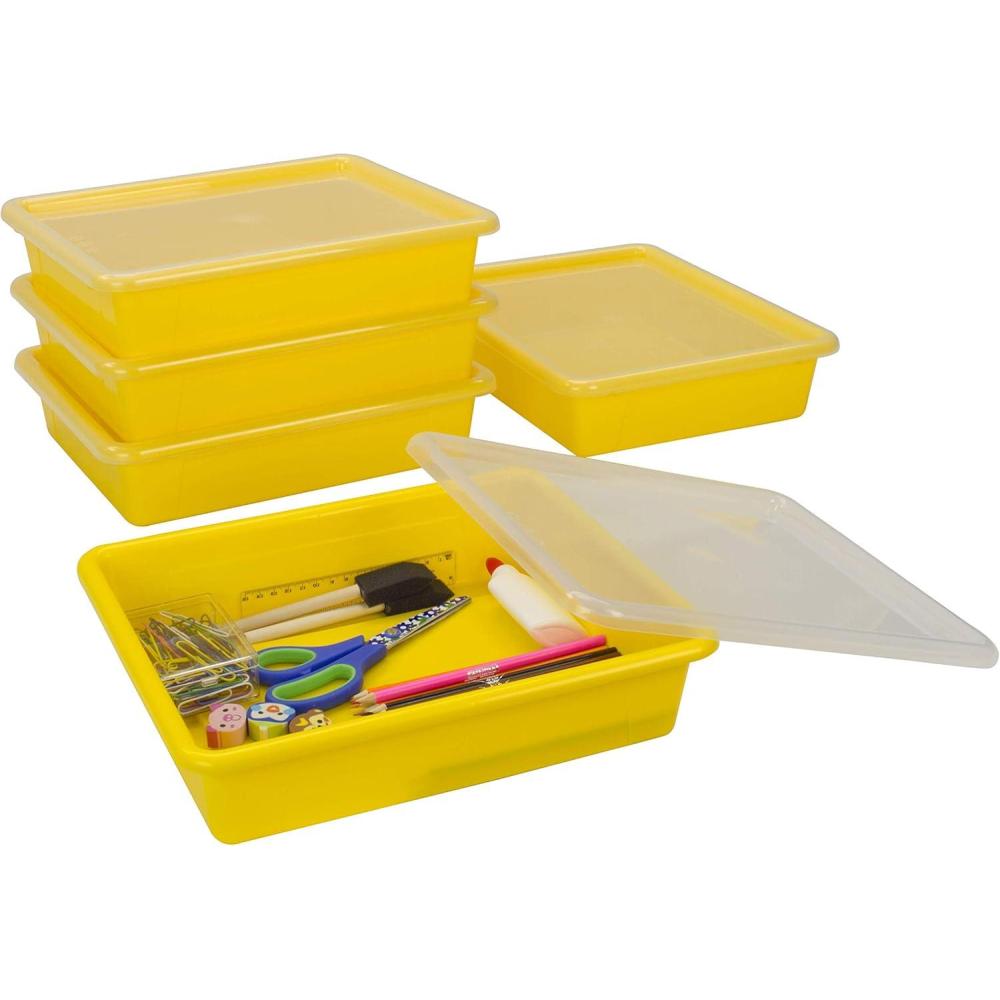 imageStorex Letter Size Flat Storage Tray Organizer Bin with NonSnap Lid for Classroom Office and Home Yellow 5Pack 62538U05C