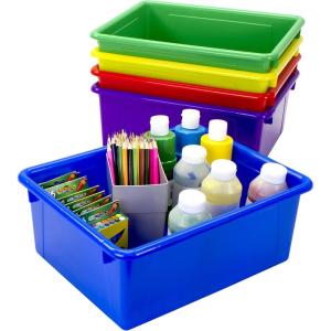 Storex Letter Size Deep Storage Tray – Organizer Bin for Classroom, Office and Home, Blue, 5-Pack (62524U05C)(Assorted Primary Colors)