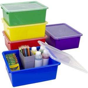 Storex Letter Size Deep Storage Tray – Organizer Bin with Non-Snap Lid for Classroom, Office and Home, Assorted Colors, 5-Pack (62542U05C)