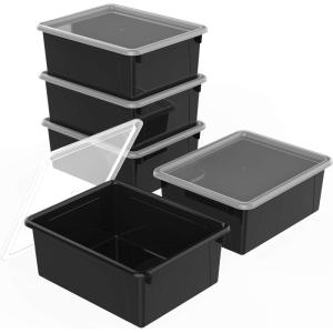 Storex Letter Size Deep Storage Tray – Organizer Bin with Non-Snap Lid for Classroom, Office and Home, Black, 5-Pack (62543U05C)