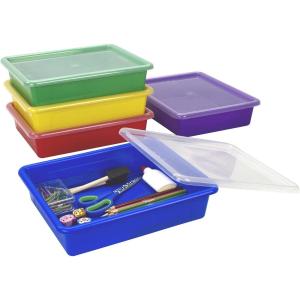 Storex Letter Size Flat Storage Tray – Organizer Bin with Non-Snap Lid for Classroom, Office and Home, Assorted Colors, Pack of 5 (62534U05C)