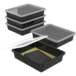 Storex Letter Size Flat Storage Tray – Organizer Bin with Non-Snap Lid for Classroom, Office and Home, Black, 5-Pack (62535U05C)