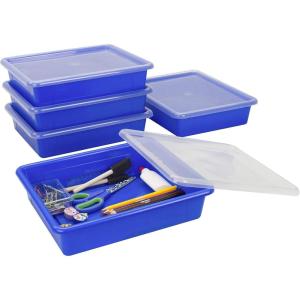 Storex Letter Size Flat Storage Tray – Organizer Bin with Non-Snap Lid for Classroom, Office and Home, Blue, 5-Pack (62536U05C)
