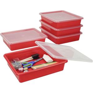 Storex Letter Size Flat Storage Tray – Organizer Bin with Non-Snap Lid for Classroom, Office and Home, Red, 5-Pack (62537U05C)