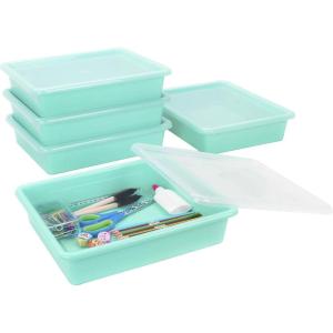 Storex Letter Size Flat Storage Tray – Organizer Bin with Non-Snap Lid for Classroom, Office and Home, Teal, 5-Pack (62541U05C)