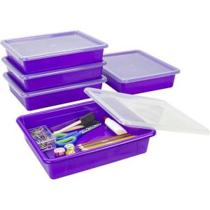 Storex Letter Size Flat Storage Tray – Organizer Bin with Non-Snap Lid for Classroom, Office and Home, Violet, 5-Pack (62540U05C)