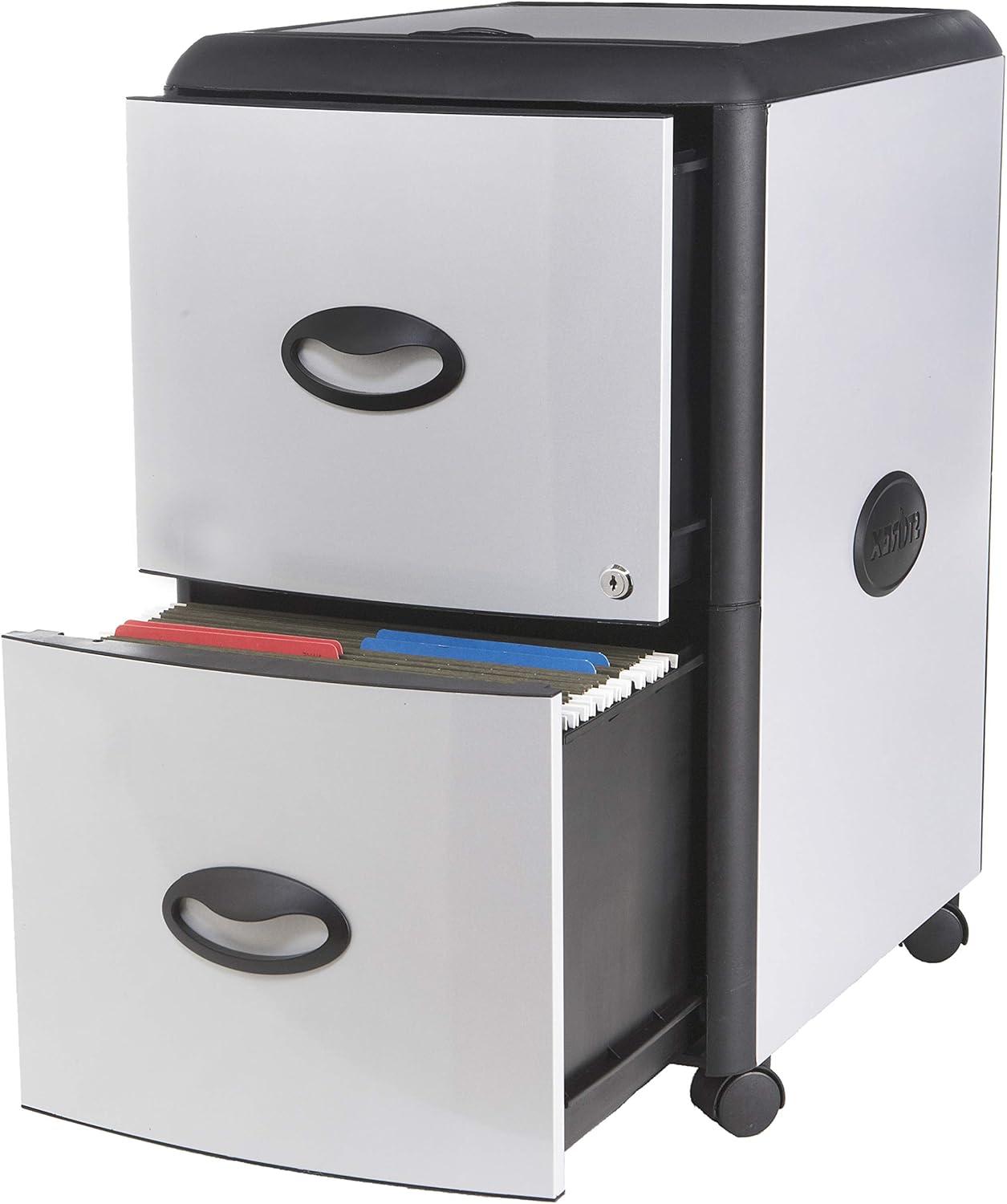 imageStorex 2Drawer Mobile File Cabinet with Lock 19 x 15 x 23 Inches Metal Accent Panels STX61351U01CSilverBlackRoll Top