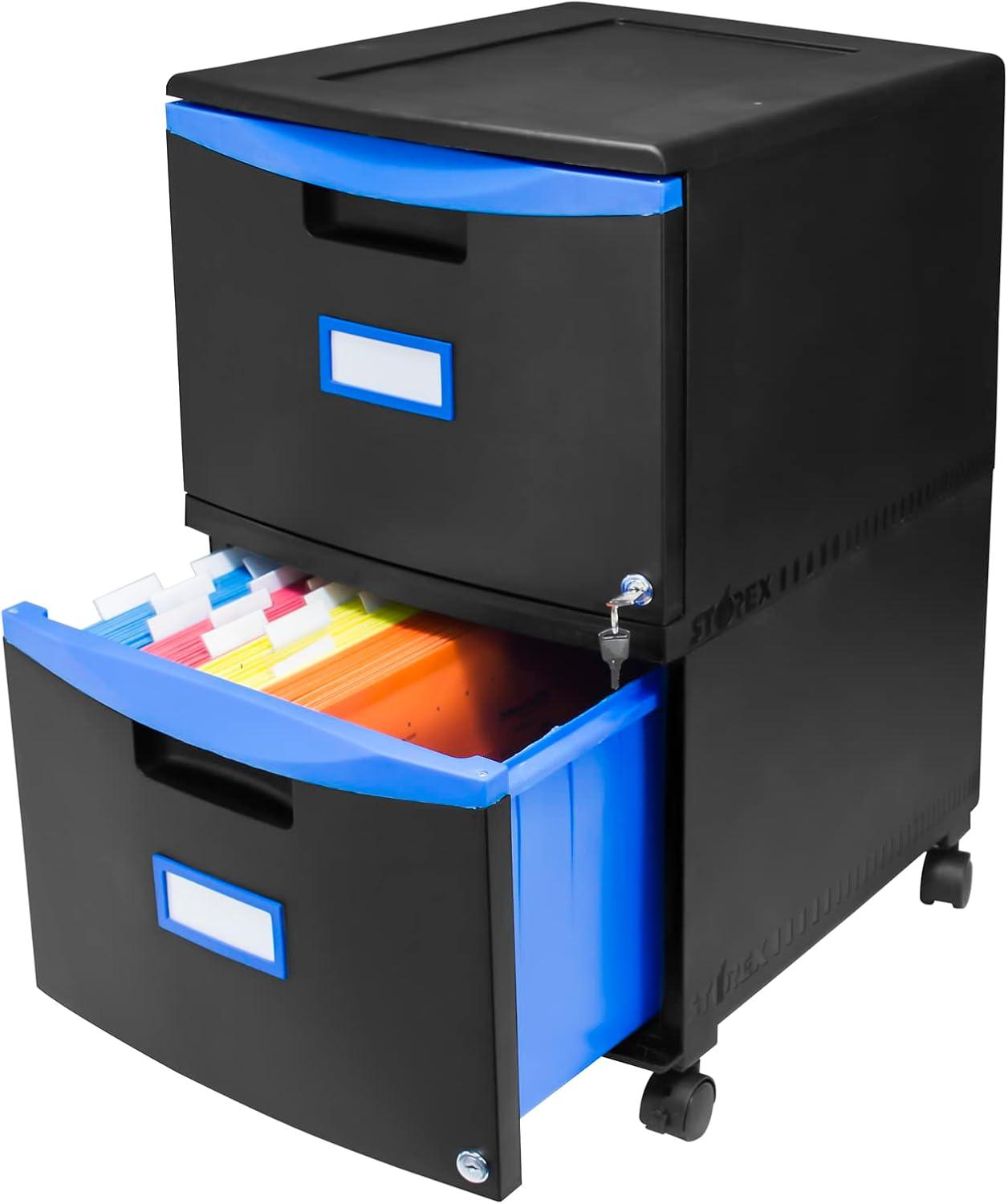 imageStorex Plastic OneDrawer File Cabinet Locking Document Organizer for Home and Office Black 2Pack 61265B02CBlackBlue