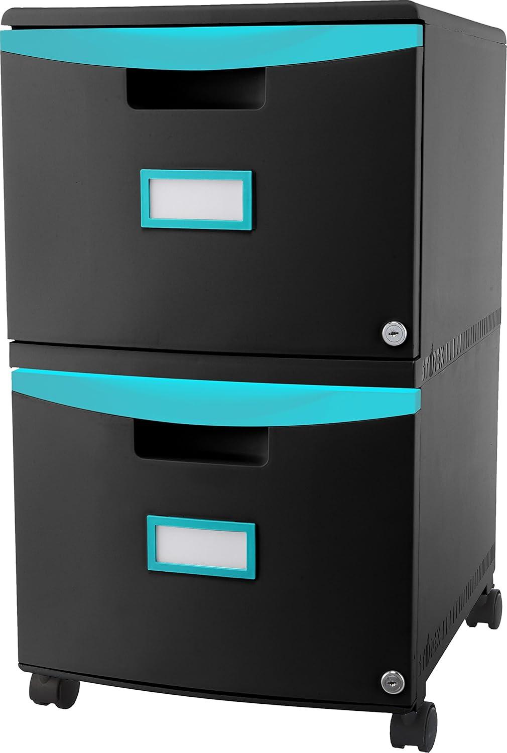 imageStorex Plastic OneDrawer File Cabinet Locking Document Organizer for Home and Office Black 2Pack 61265B02CBlackTeal