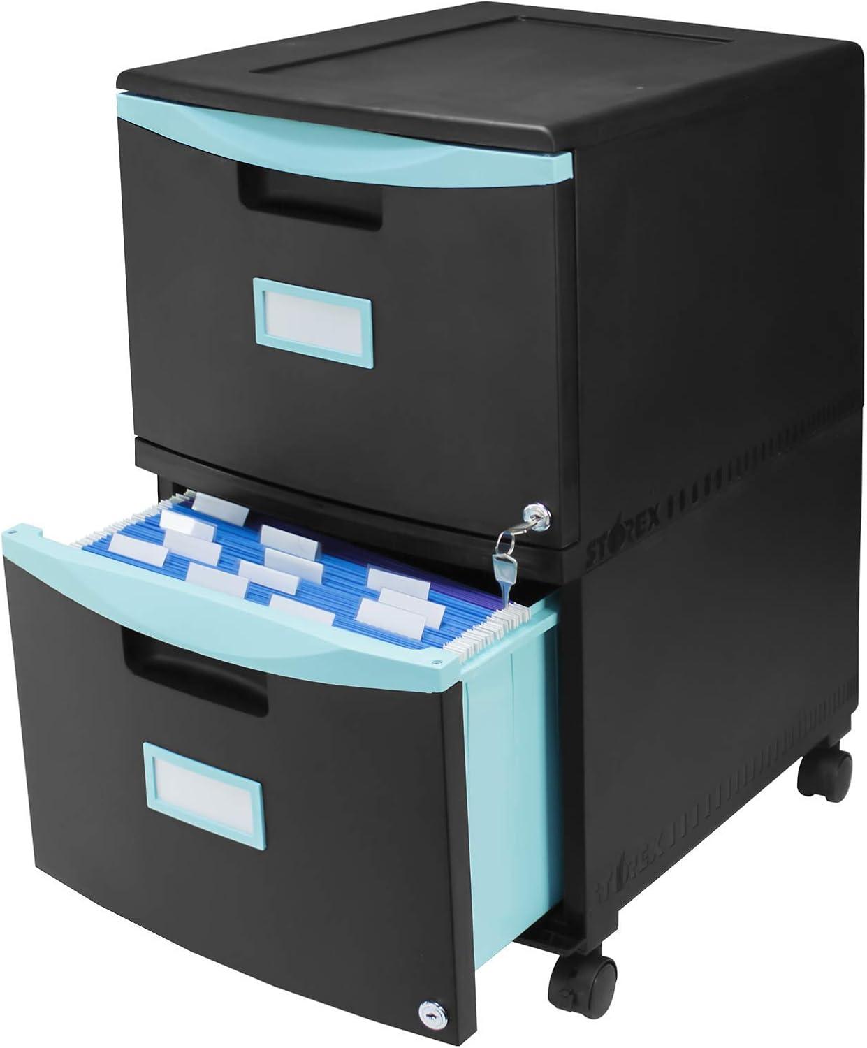 imageStorex Plastic OneDrawer File Cabinet Locking Document Organizer for Home and Office Black 2Pack 61265B02CBlackTeal