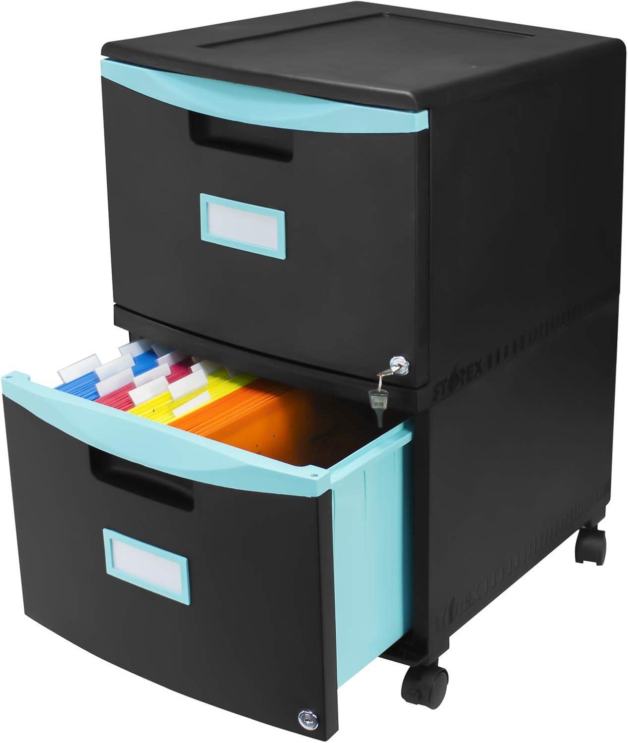 imageStorex Plastic OneDrawer File Cabinet Locking Document Organizer for Home and Office Black 2Pack 61265B02CBlackTeal