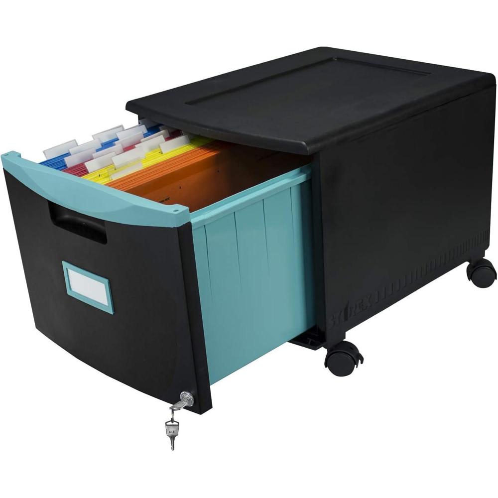imageStorex Plastic OneDrawer File Cabinet Locking Document Organizer for Home and Office Black 2Pack 61265B02CBlackTeal