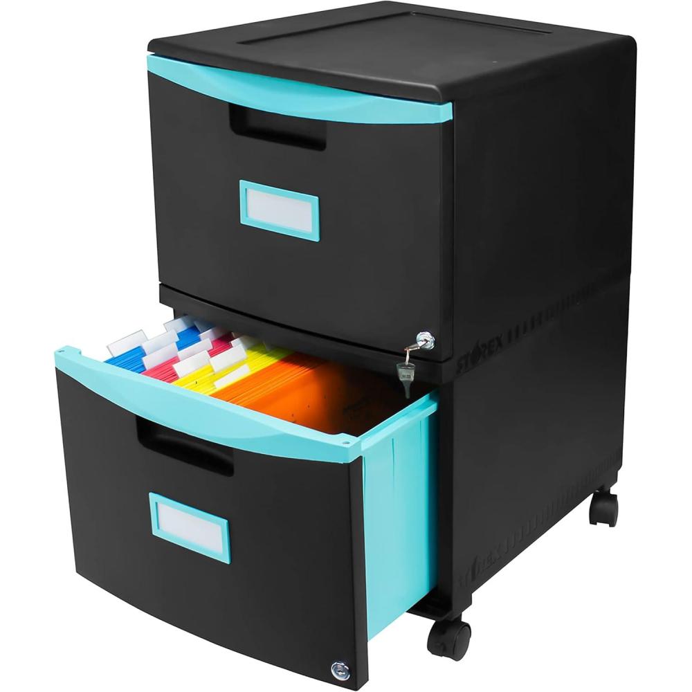 imageStorex TwoDrawer Mobile Filing Cabinet 2 LegalletterSize File Drawers Blackteal 1475 X 1825 X 26