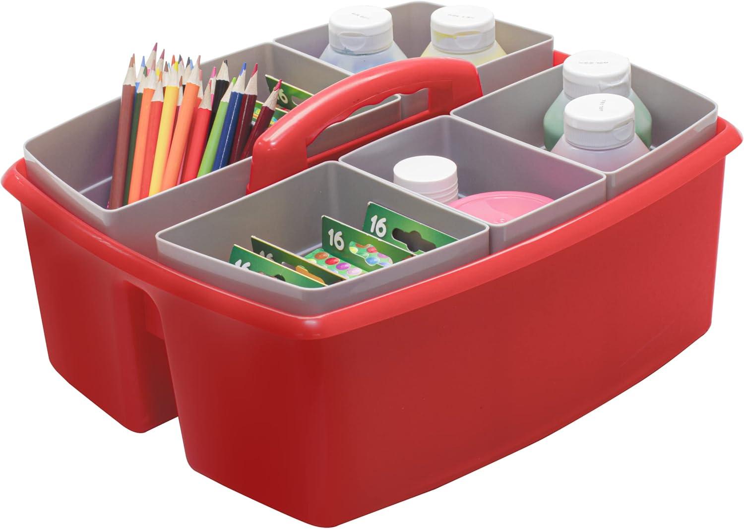 imageStorex Classroom Craft Caddy 3 Compartment Plastic Organizer with Carry Handle Assorted Colors 925 x 525 x 925 Inch Case of Six 5Packs 00941U06CRed