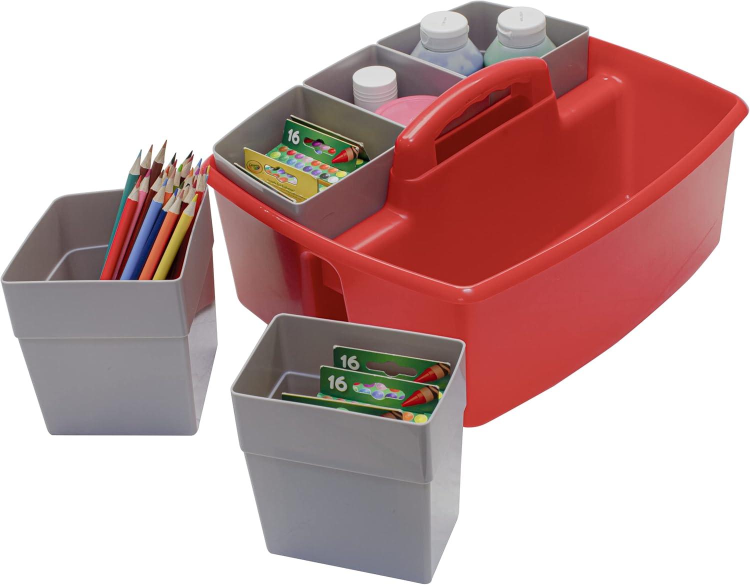 imageStorex Classroom Craft Caddy 3 Compartment Plastic Organizer with Carry Handle Assorted Colors 925 x 525 x 925 Inch Case of Six 5Packs 00941U06CRed