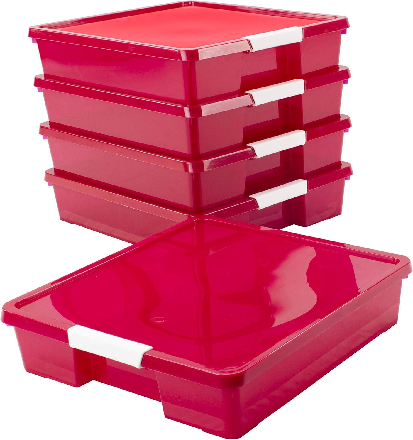 imageStorex Classroom Craft Project Box Stacking Plastic Organizer Fits 12x12 Scrapbooking Paper Red 5Pack 63204U05C