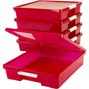 Storex Classroom Craft Project Box – Stacking Plastic Organizer Fits 12×12 Scrapbooking Paper, Red, 5-Pack (63204U05C)