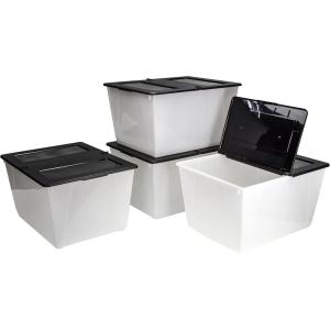 Storex 16 Gallon Storage Tote with Folding Lid, 22.7 x 18.25 x 12.86 Inches, Clear/Black, Case of 4 (00900U04C)(Clear/Black)