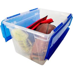Storex 16 Gallon Storage Tote with Folding Lid, 22.7 x 18.25 x 12.86 Inches, Clear/Black, Case of 4 (00900U04C)(Frost/Blue)