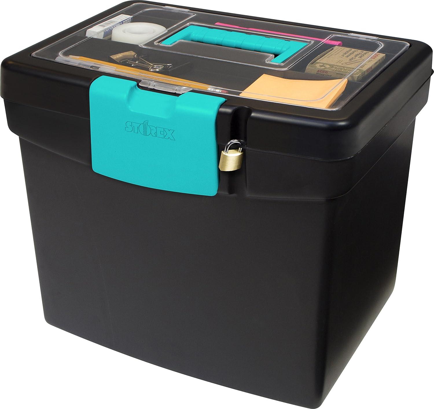 imageStorex Portable LetterLegal Filebox with Organizer Lid LetterLegal Files 145 X 105 X 12 BlackBlackTeal