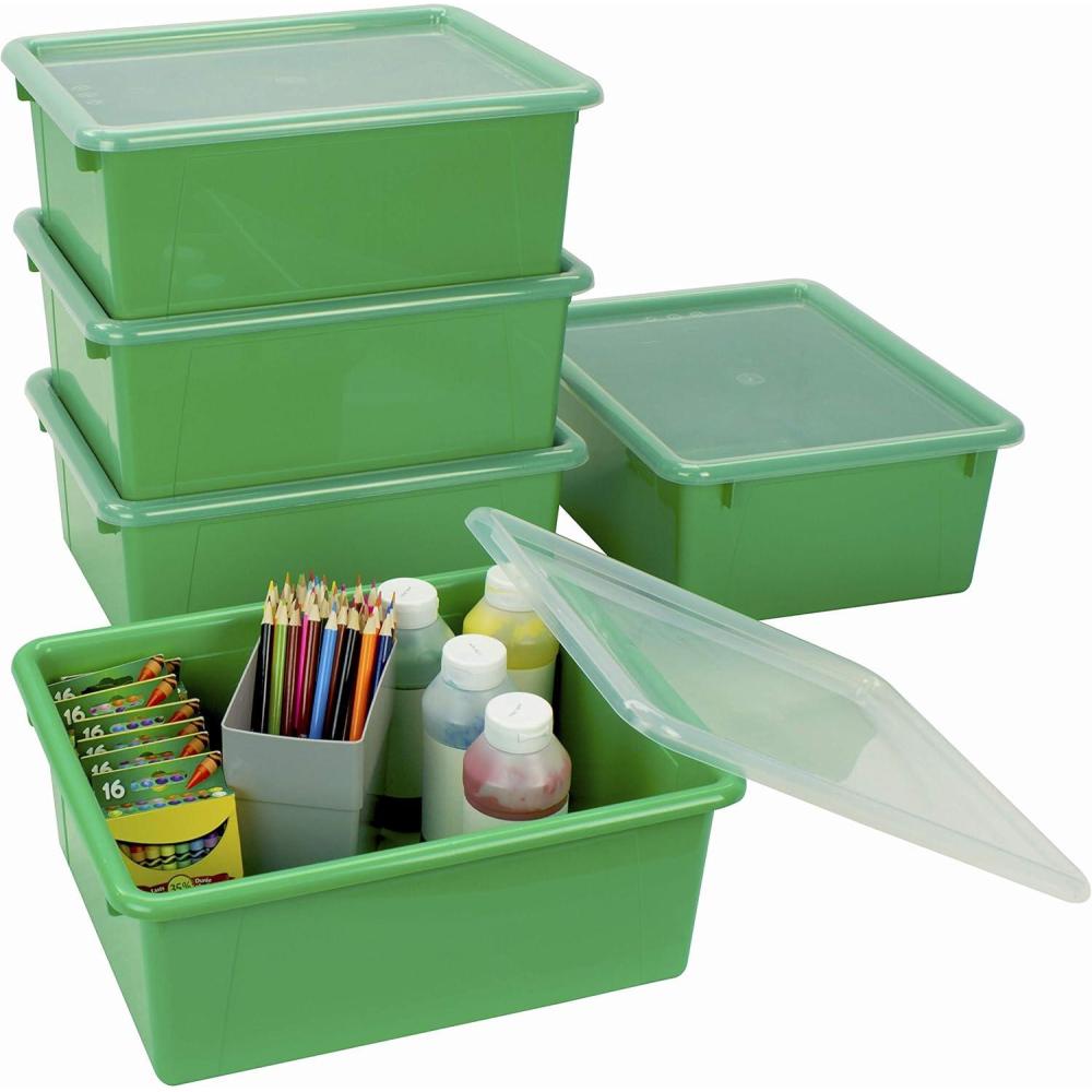 imageStorex Letter Size Deep Storage Tray Organizer Bin with NonSnap Lid for Classroom Office and Home Green 5Pack 62547U05C