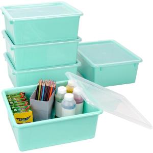 Storex Letter Size Deep Storage Tray – Organizer Bin with Non-Snap Lid for Classroom, Office and Home, Teal, 5-Pack (62549U05C)