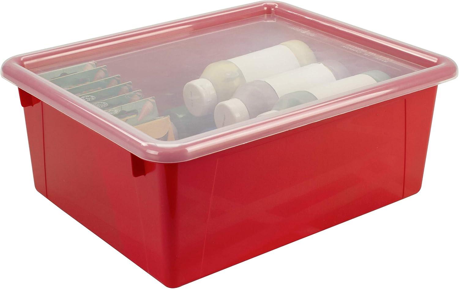 imageStorex Letter Size Deep Storage Tray Organizer Bin with NonSnap Lid for Classroom Office and Home Red 5Pack 62545U05C