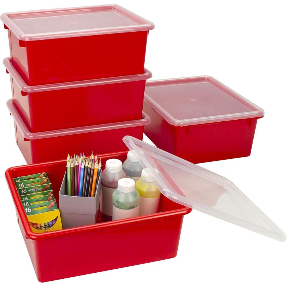 imageStorex Letter Size Deep Storage Tray Organizer Bin with NonSnap Lid for Classroom Office and Home Red 5Pack 62545U05C