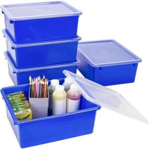 Storex Letter Size Deep Storage Tray – Organizer Bin with Non-Snap Lid for Classroom, Office and Home, Blue, 5-Pack (62544U05C)