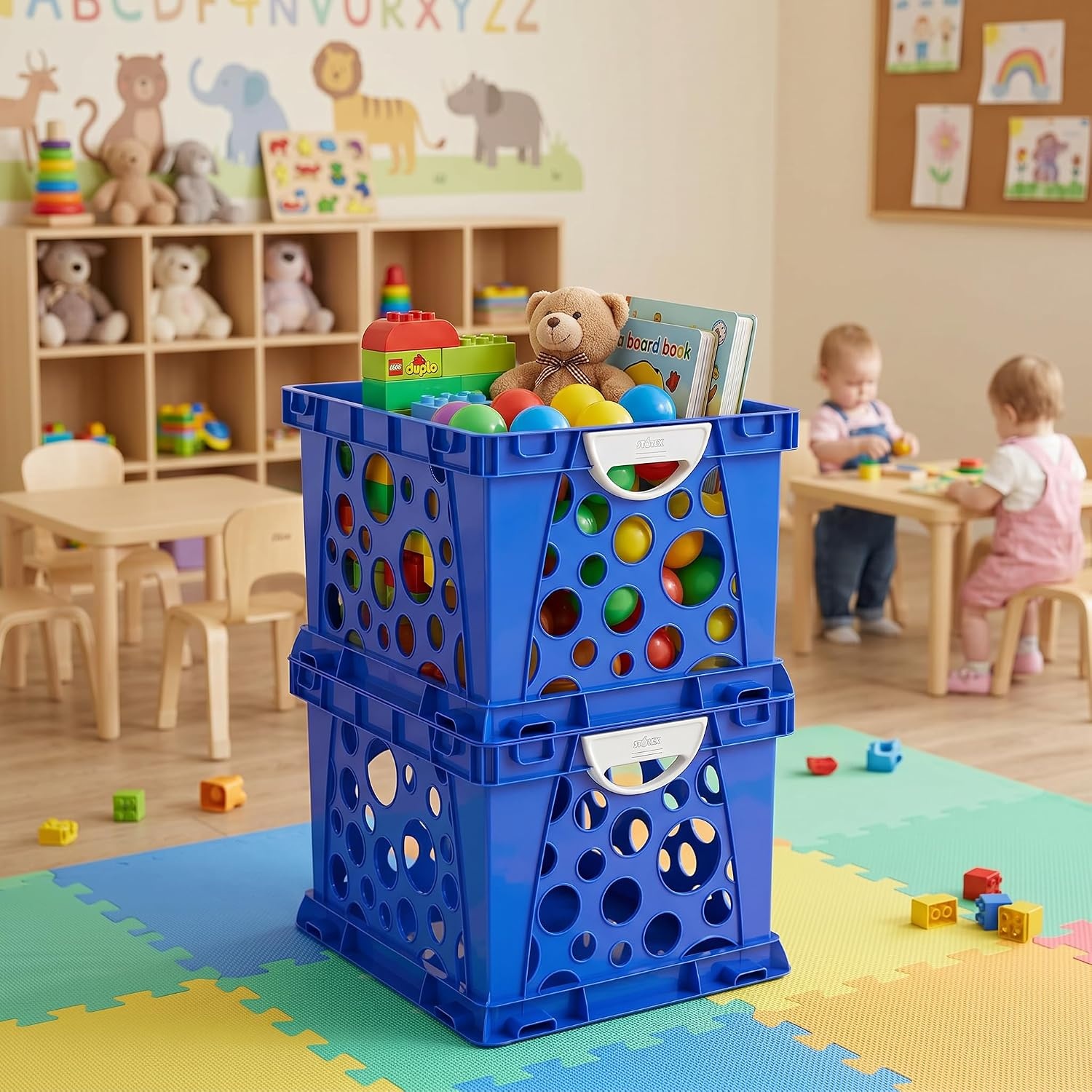 image:imageStorex Premium File Crate with Handle Cutouts Letter and Legal Document and Folder Storage Assorted Colors 3Pack 61797A03CSchool Blue